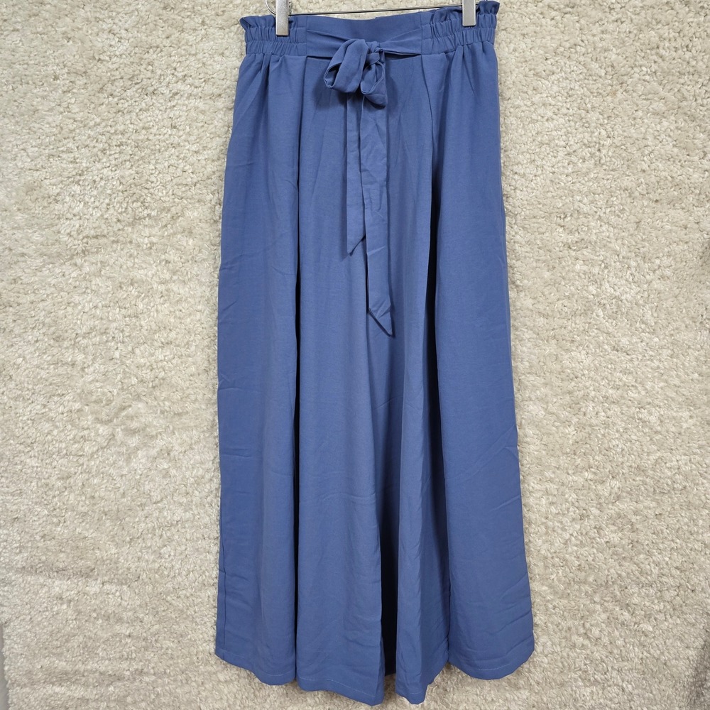 Grace Karin Wide Leg Pants Women Size S‎ Blue Paperbag Waist Tie Front Trousers